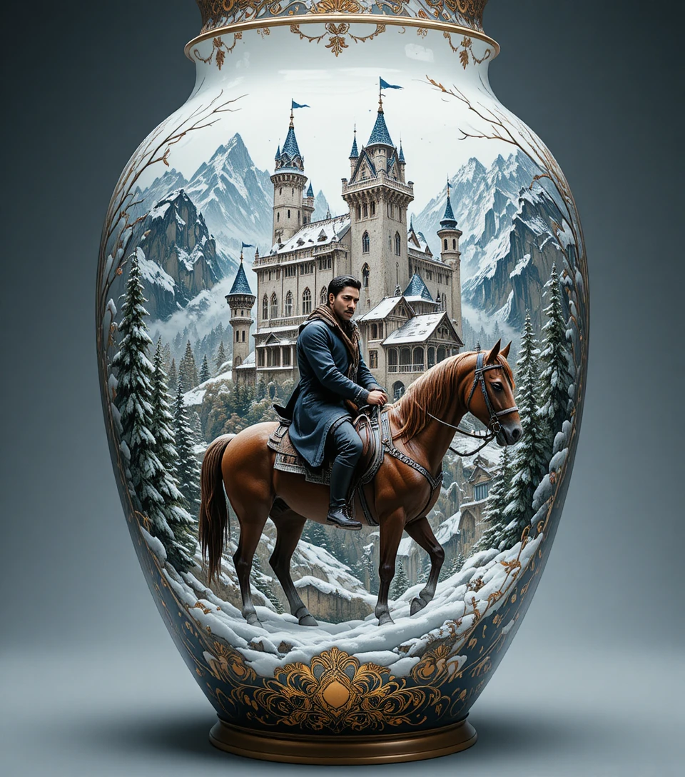 Homme à cheval devant un château d’hiver dans un vase orné