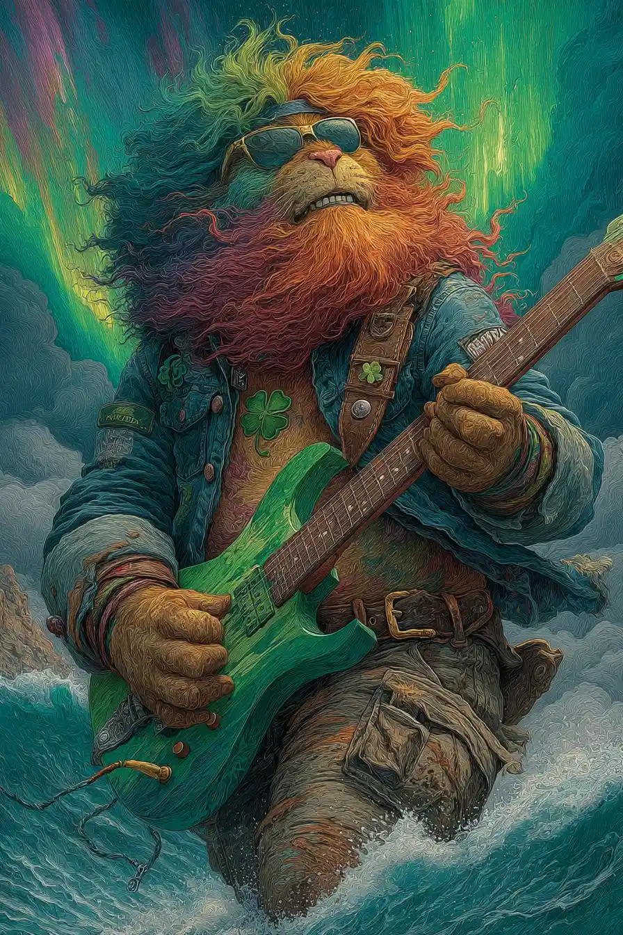 Duende irlandés rockstar surfeando un arcoíris brillante