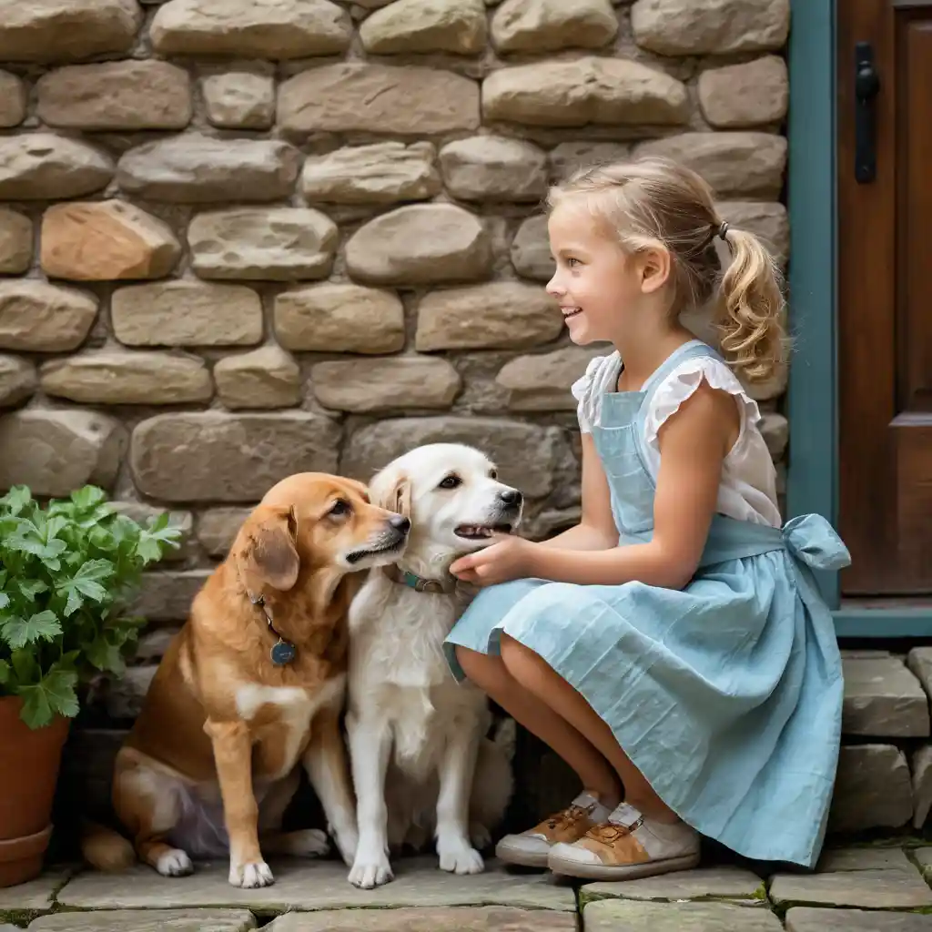 Petite fille partageant une friandise avec un chien sur un muret de pierre