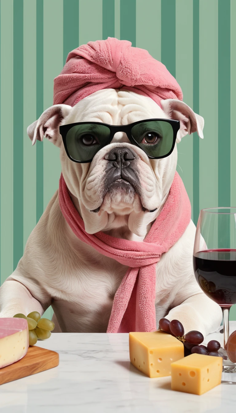 Bulldog con Occhiali da Sole a Tavola con Vino e Formaggio