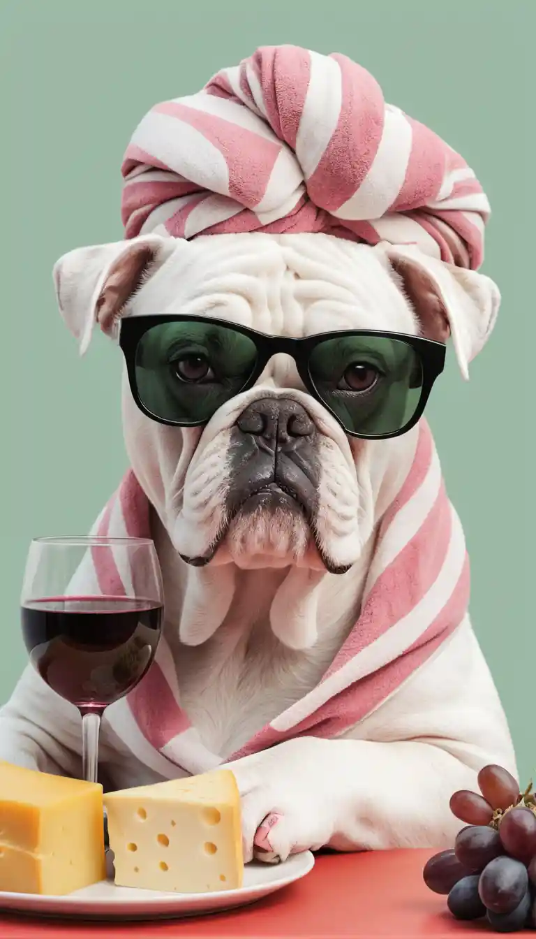 Bulldog con occhiali da sole che si rilassa a un tavolo da pranzo alla moda