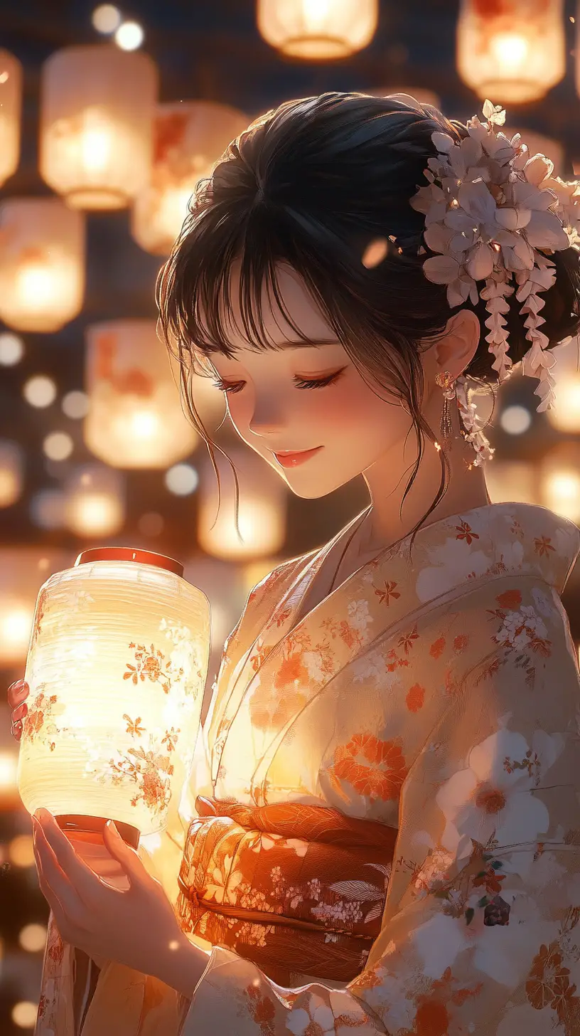 身穿和服、手持發光紙燈籠的動畫女孩