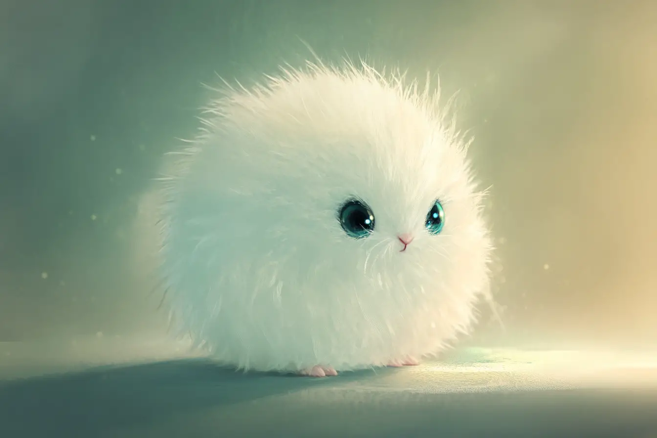 Niedriges flauschiges weißes Babykaninchen mit großen glänzenden Augen