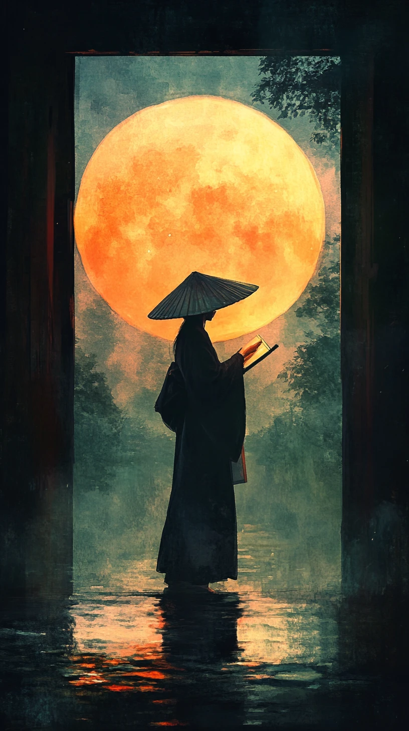 Woman in kimono silhouetted against a glowing orange moon