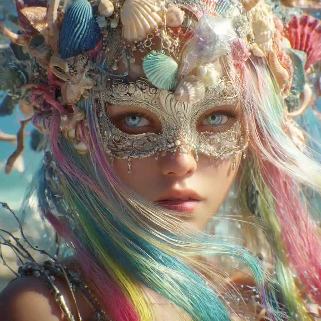 Venetian mermaid with glass mask in dreamy canal scene