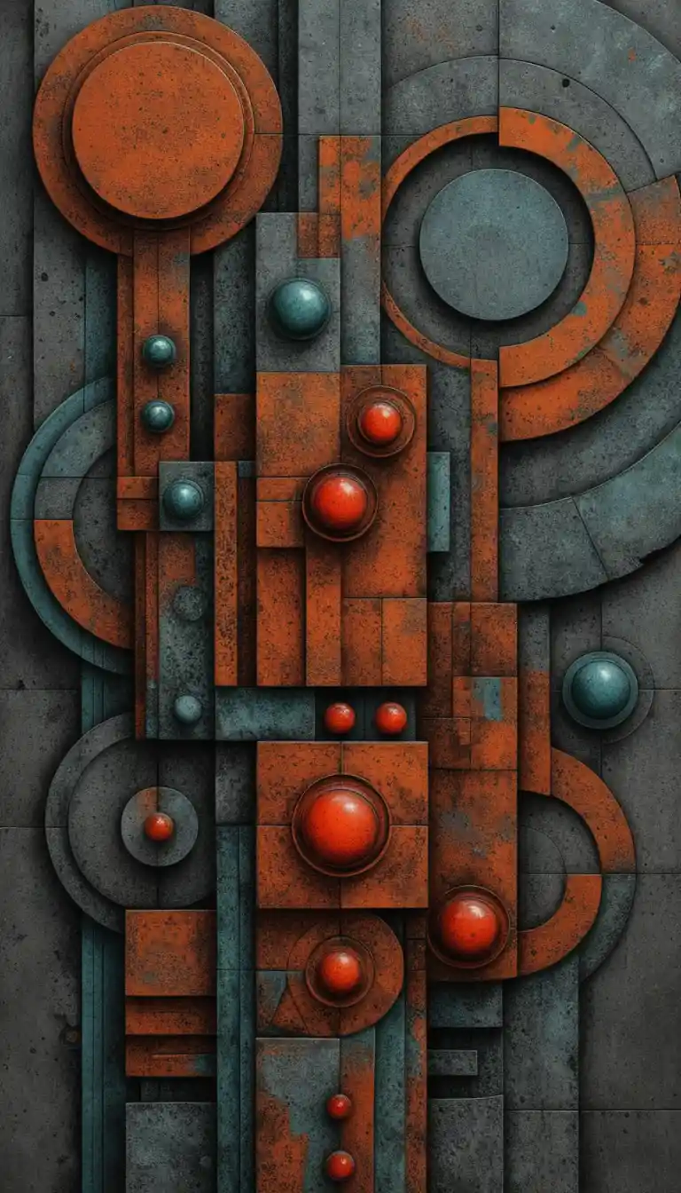 Torre geometrica brutalista astratta con sfere rosse luminose