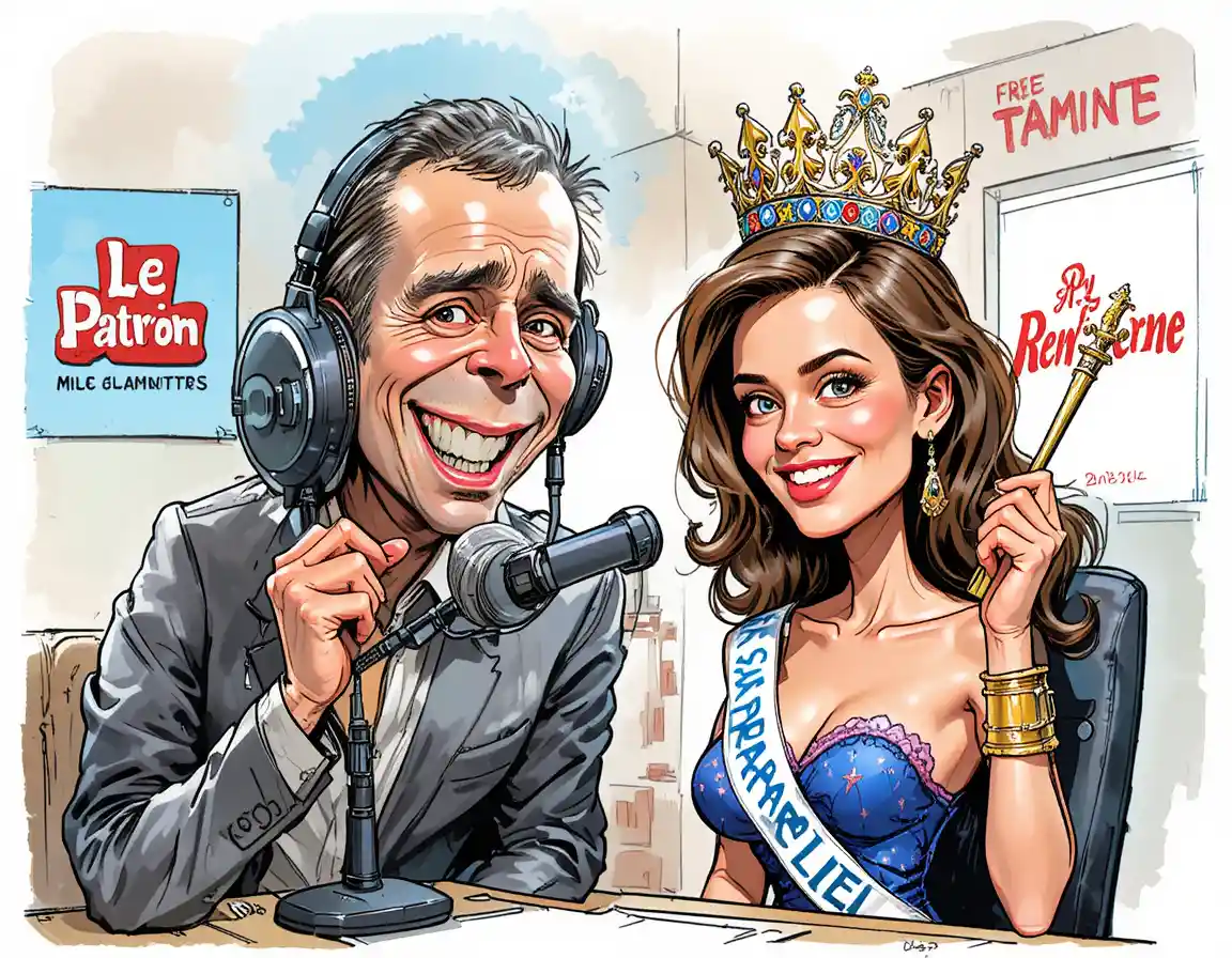 Cartoon radio host with crown beside shy beauty queen