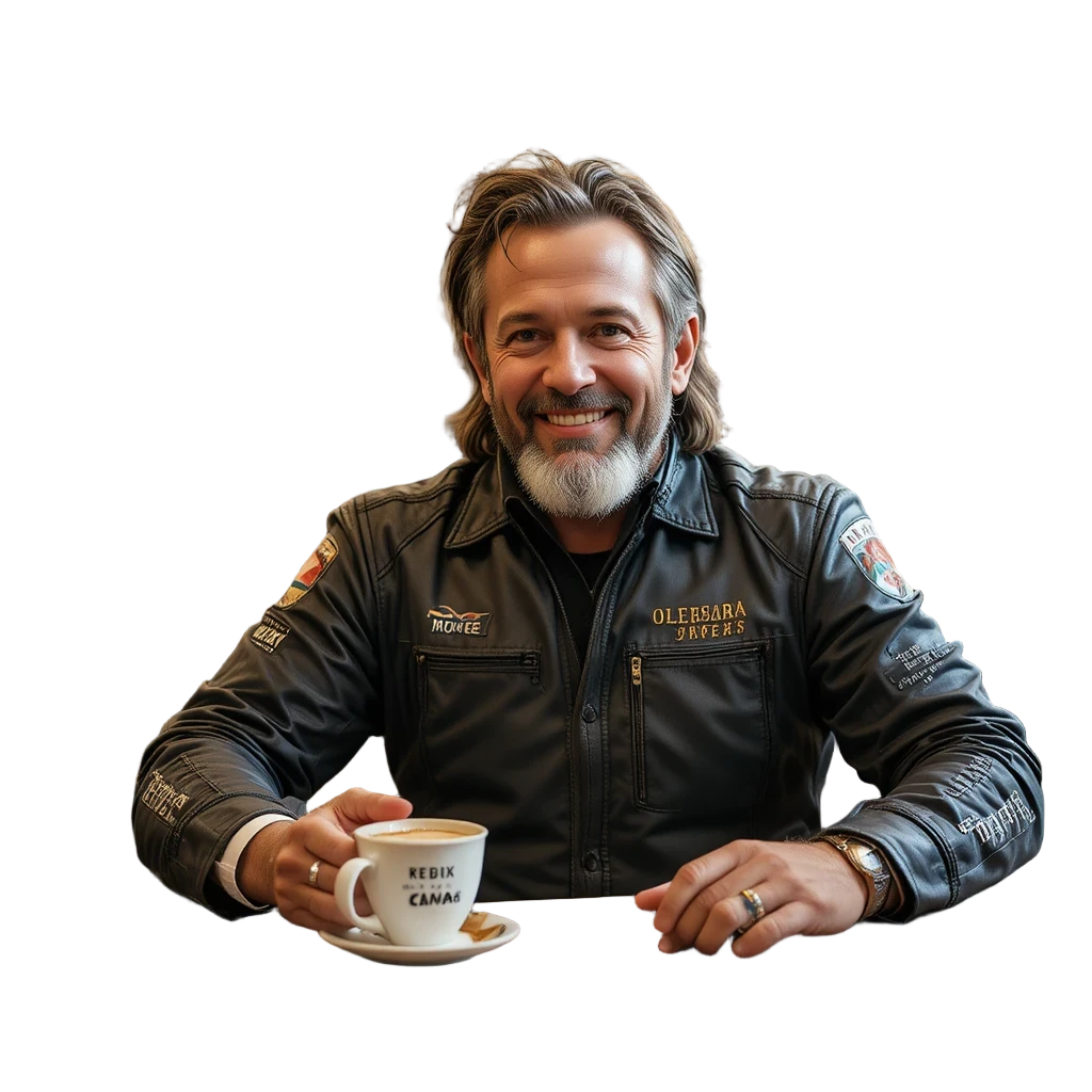 Motociclista sorridente aproveitando um café grátis em um bar aconchegante