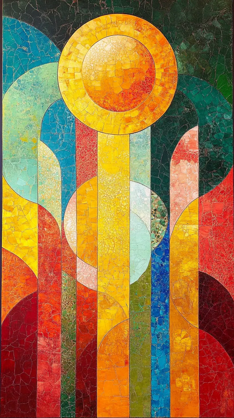 Peinture abstraite en vitrail avec cercle solaire rayonnant