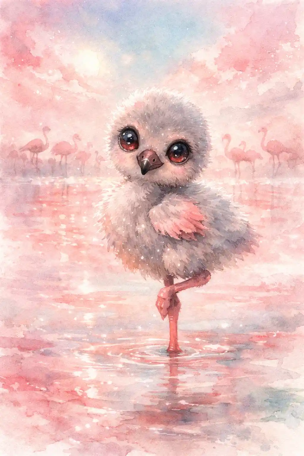 Baby-Flamingoküken in einer ruhigen rosa Lagune als Aquarell