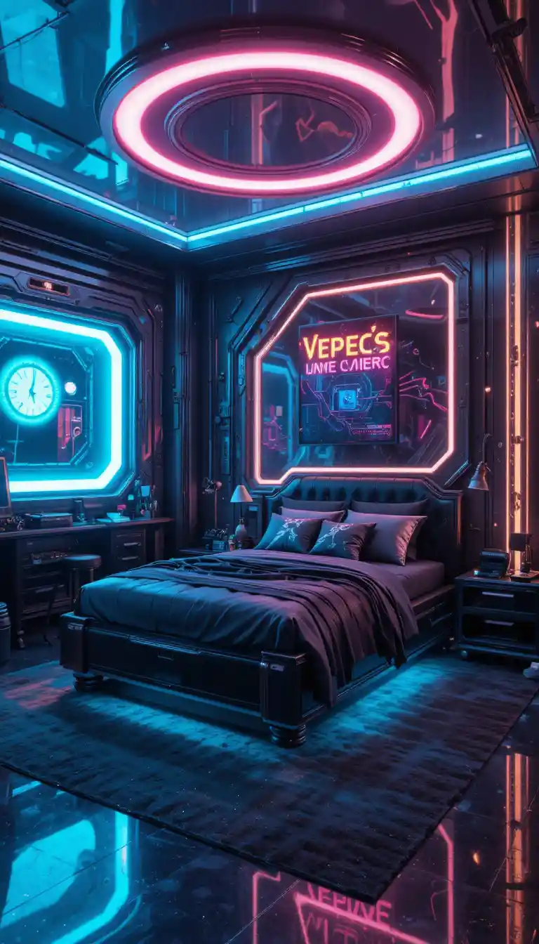 Camera da letto futuristica cyberpunk con luci al neon e letto elegante