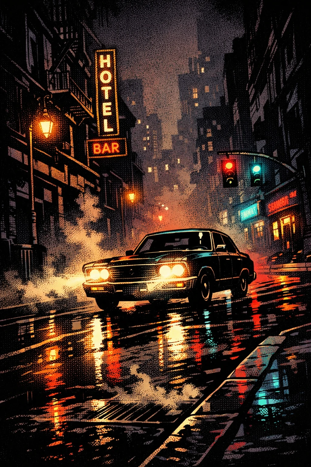 Carro acelerando por uma rua deserta de cidade neon à noite