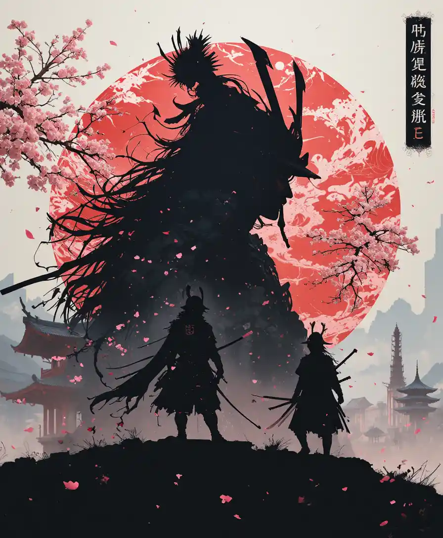 Geisha and samurai silhouettes with cherry blossoms