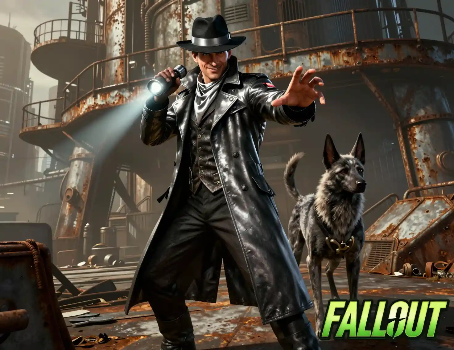 Detective de ciencia ficción sonriente con compañero lobo entre ruinas