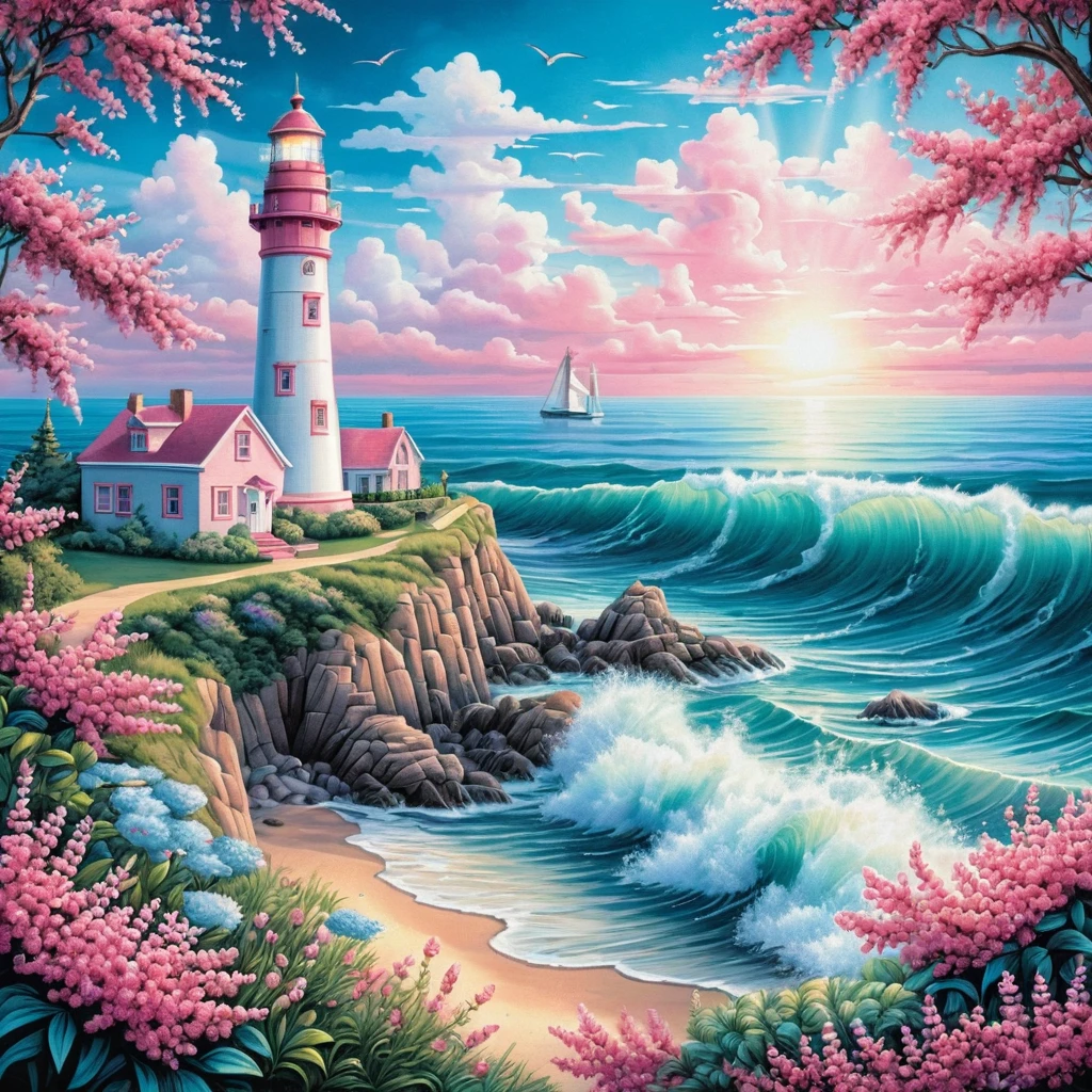 Colorful lighthouse by the summer sea with pink flowers