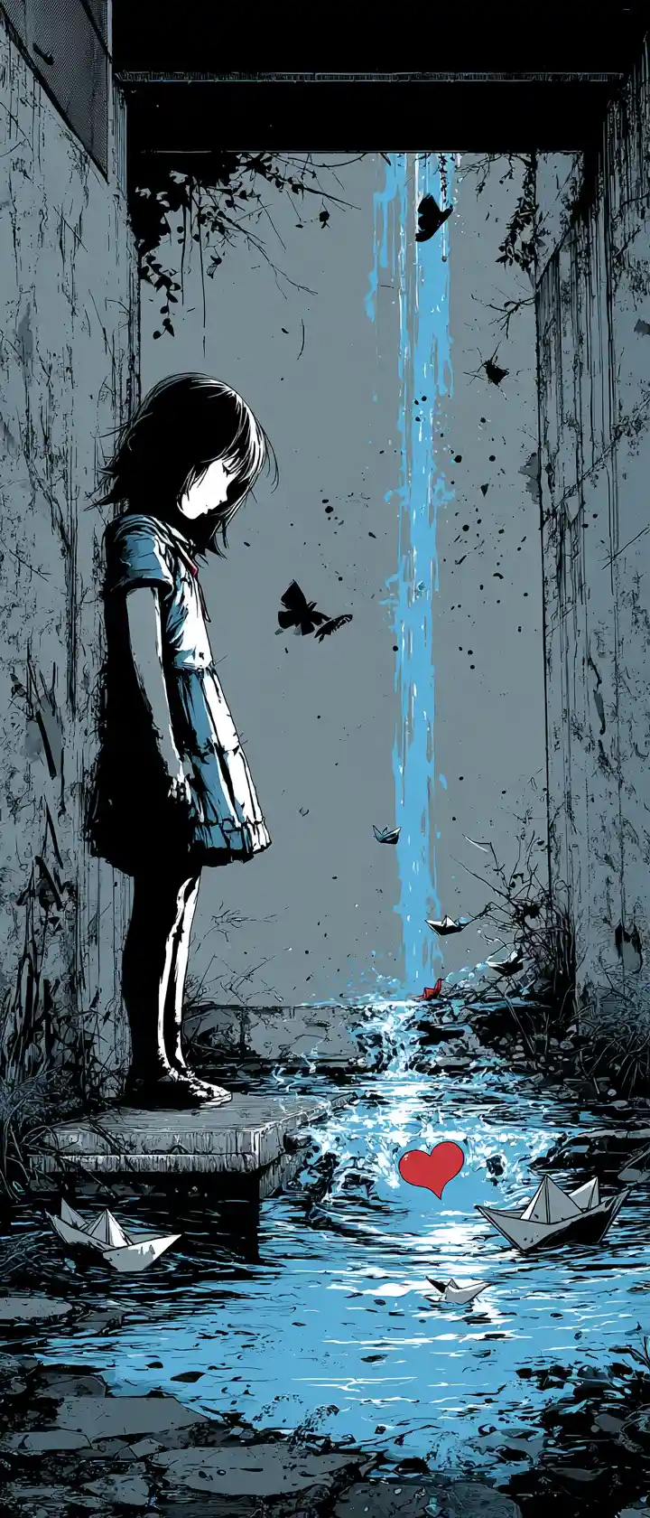 Anime girl watching paper boats drift in a gutter