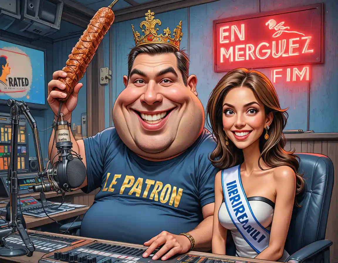 Locutor de radio humorístico con corona de papel en estudio de caricatura