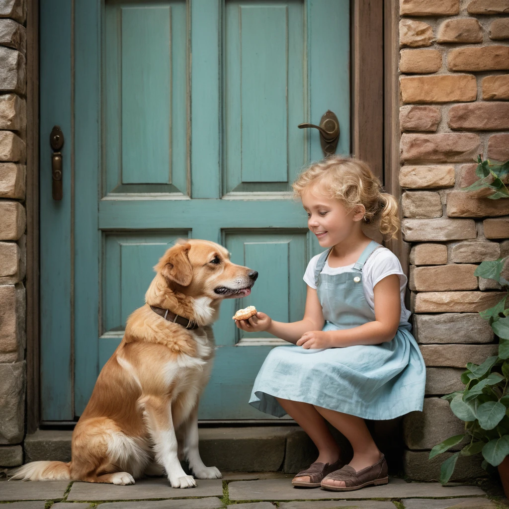 Menina compartilhando petisco com cachorro brincalhão ao ar livre
