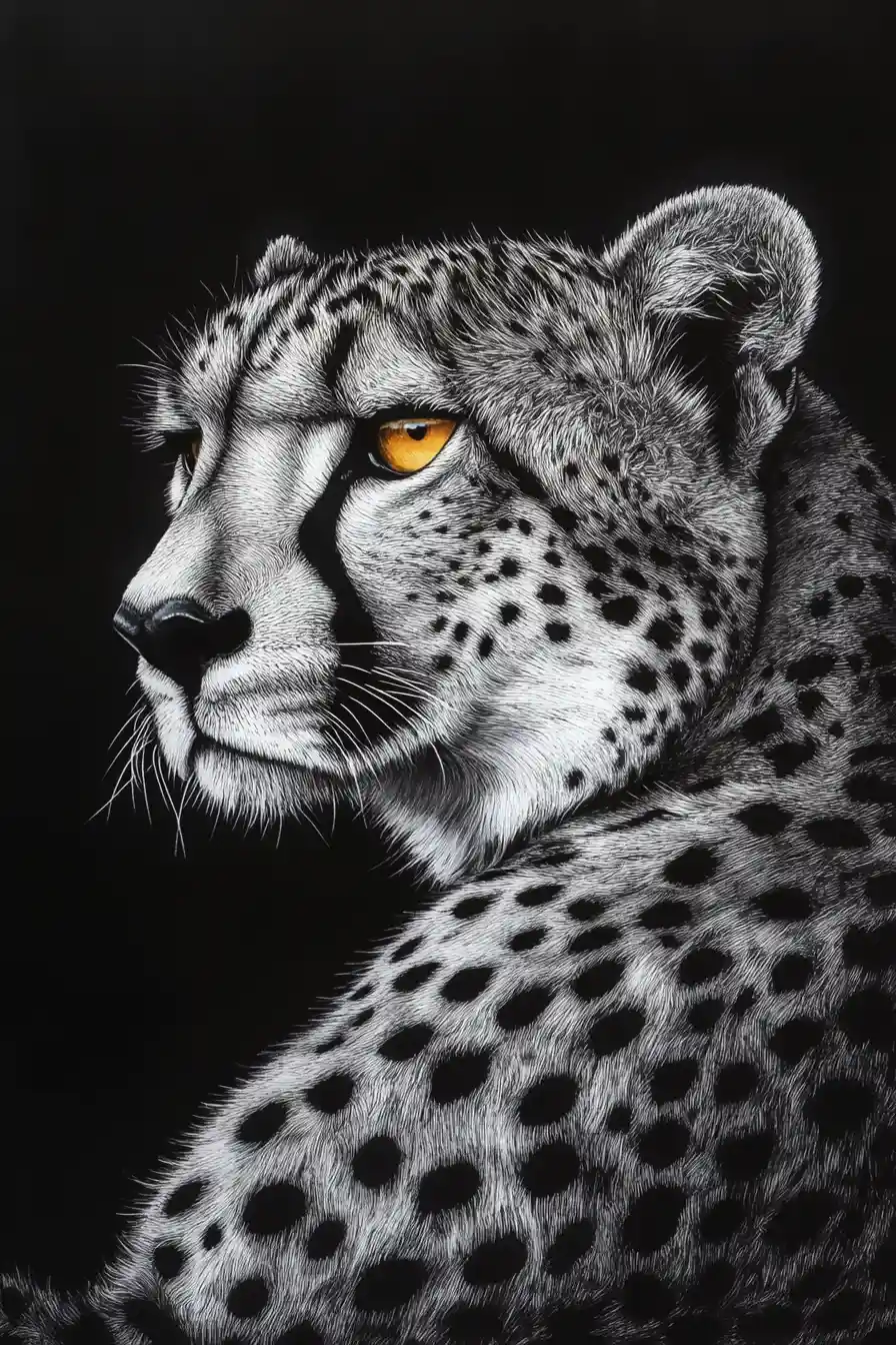 Guépard monochrome de profil au repos sur fond noir