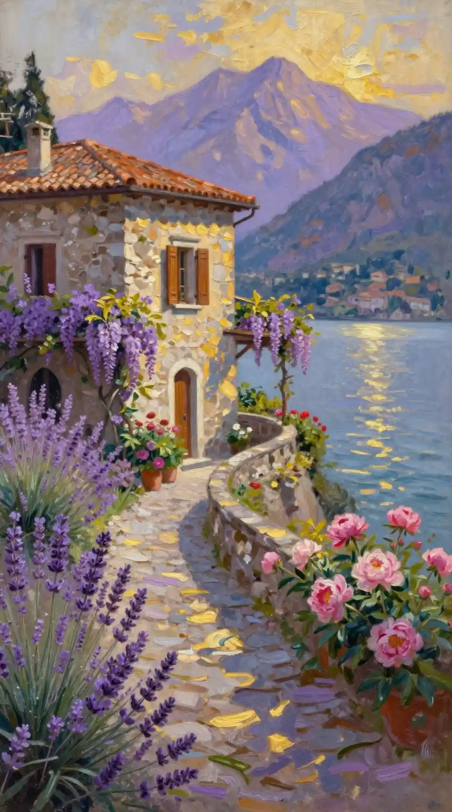 Villa en pierre baignée de soleil au-dessus d’un sentier de lavande au bord du lac