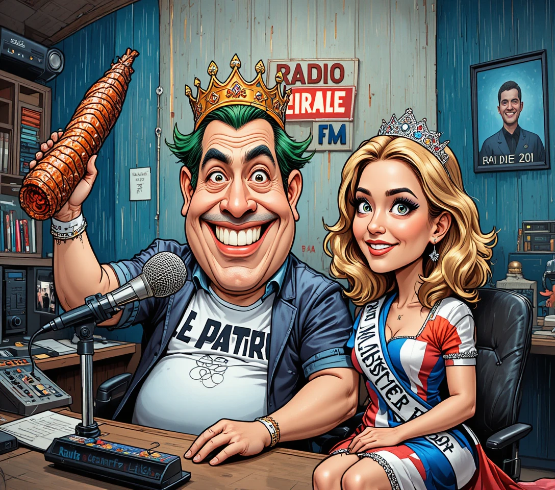 Cartoon radio host with miss france in colorful studio