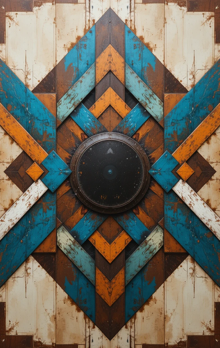 Structure mandala géométrique symétrique dans des tons bleus et rouille
