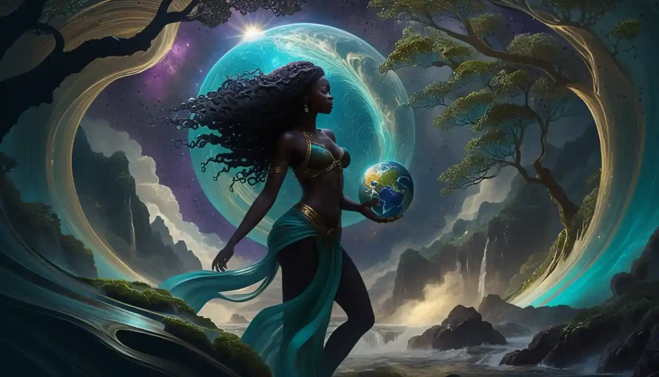 Madre Terra surreale che regge un pianeta in miniatura luminoso