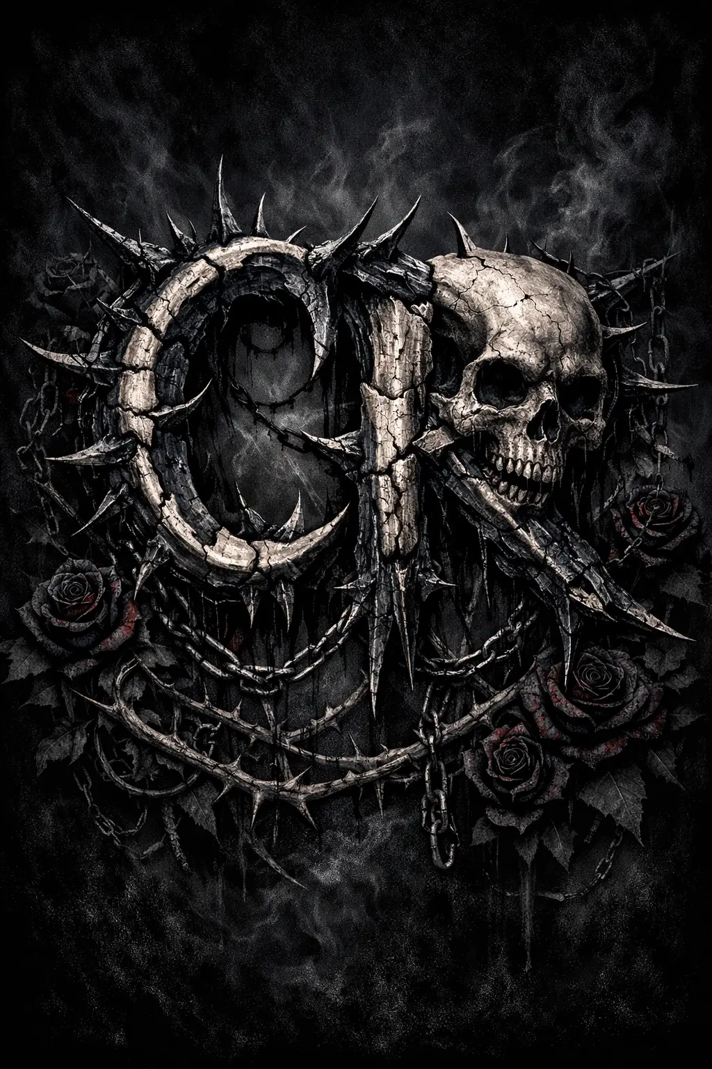 Brutal metal CR lettering with skull and gothic vines