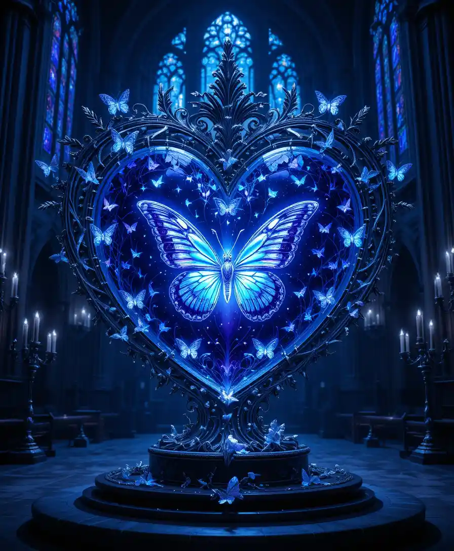 Gothic cathedral heart of glass with glowing silver butterfly