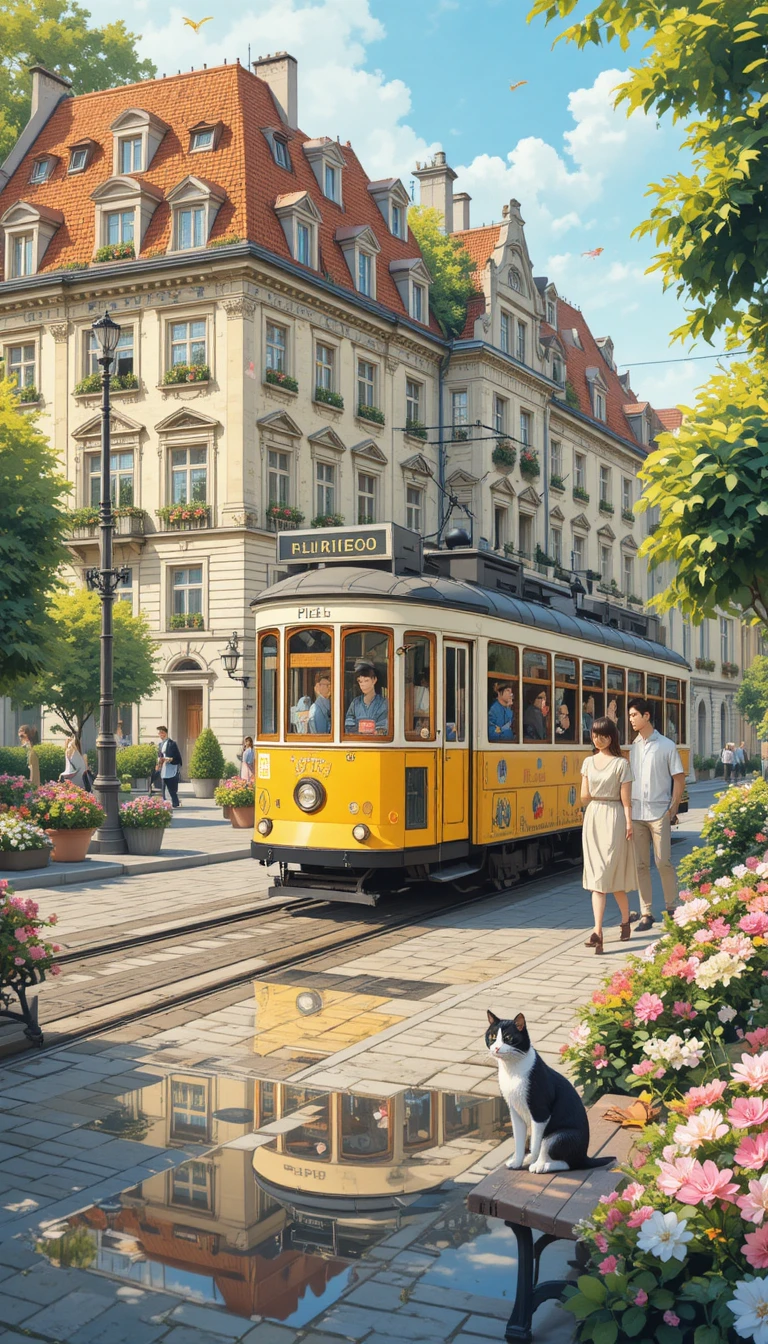 Tramway jaune dans une rue européenne pavée au crépuscule