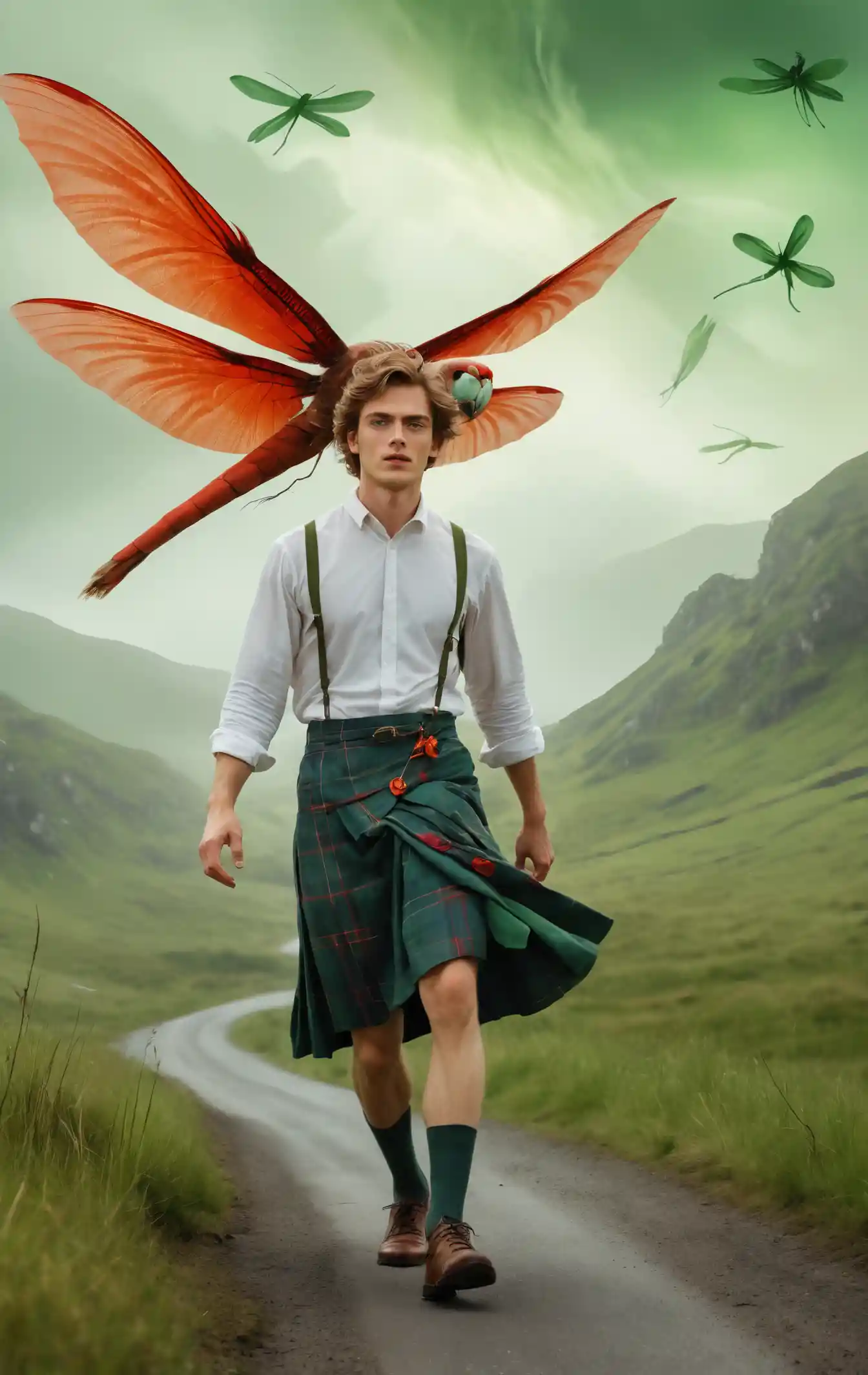 Tall hawk headed figure chasing a giant green dragonfly
