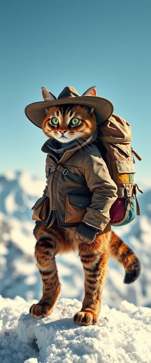Chat humanoïde aventureux au sommet d’une montagne enneigée