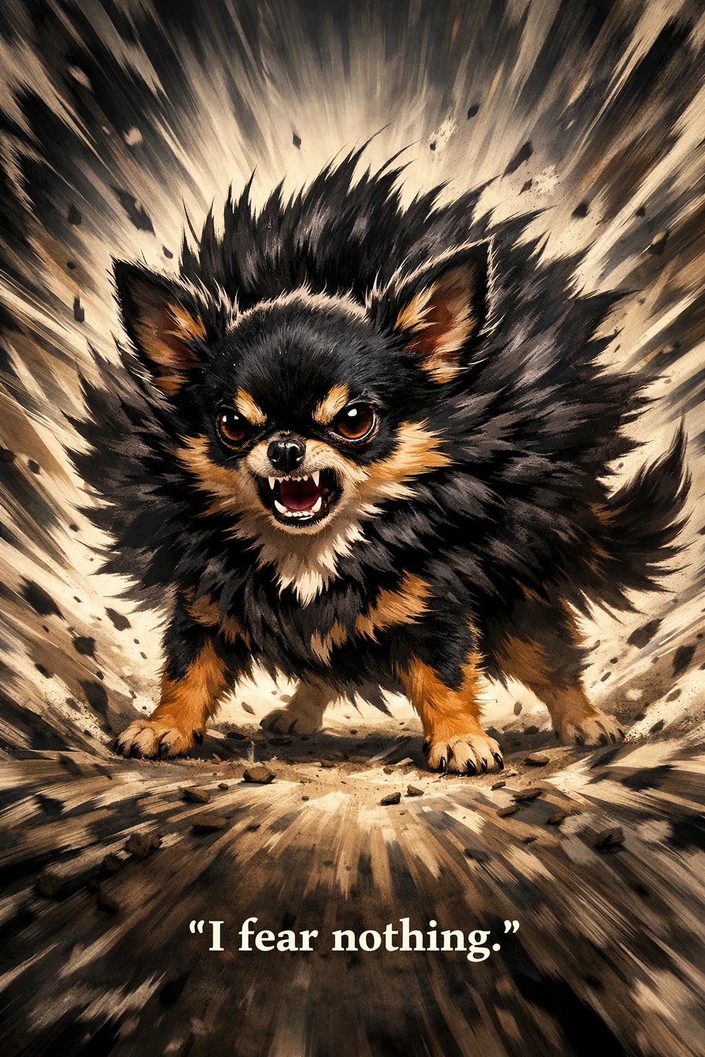 Chihuahua minúsculo em pé como um pequeno guerreiro feroz