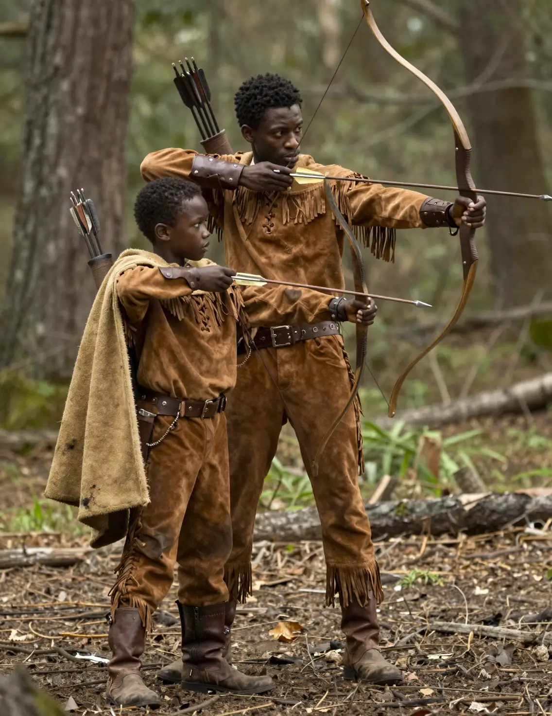 Deux jeunes archers visant avec leurs arcs dans une forêt paisible