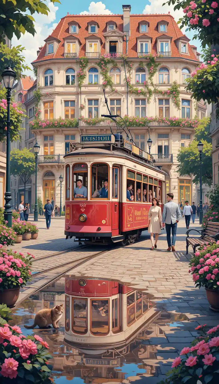 Red tram passing along a European cobblestone city street