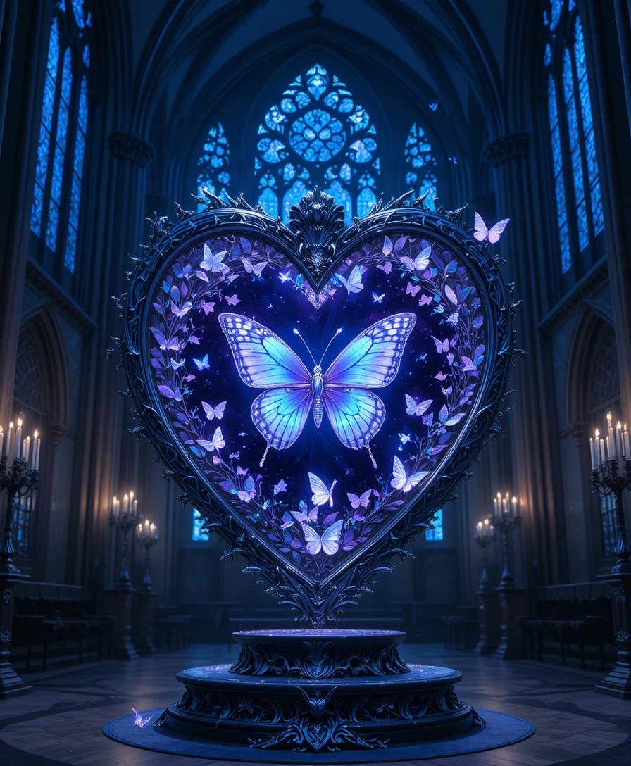 Coração de catedral gótica em vitral e borboletas prateadas