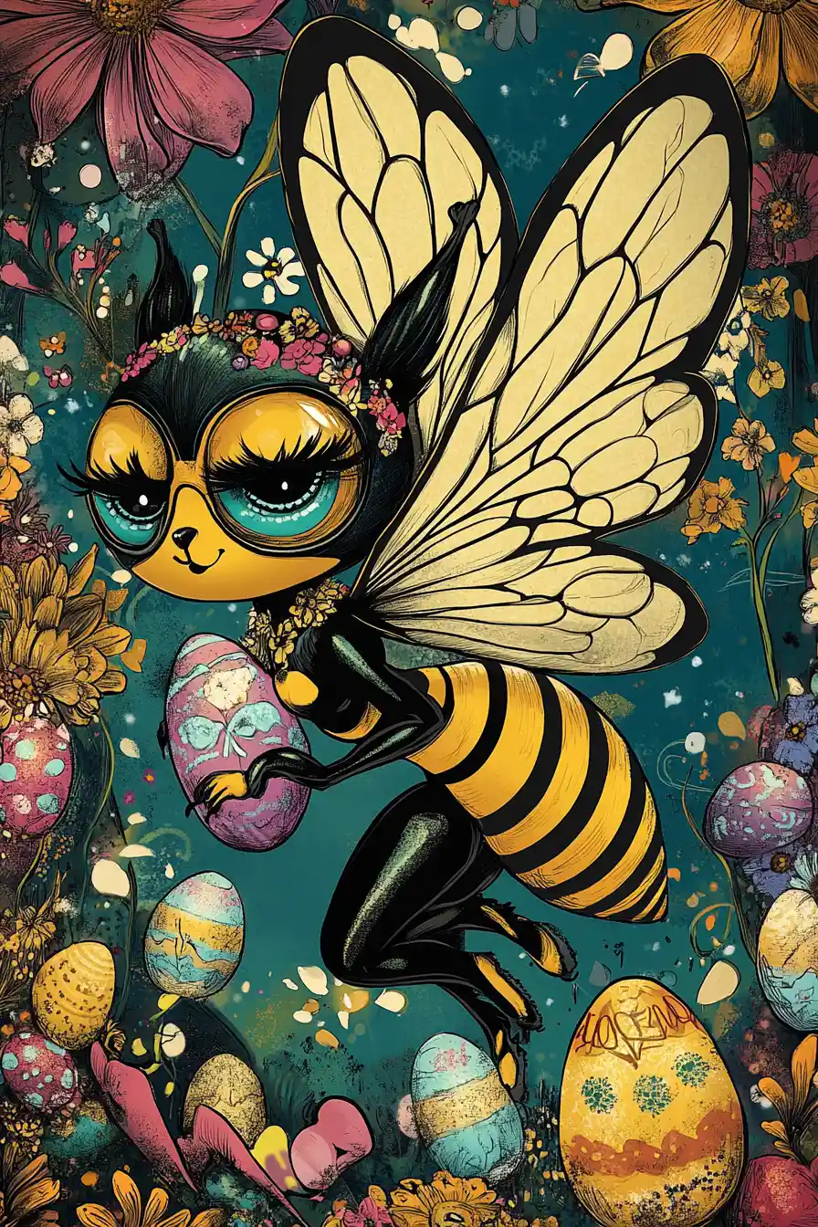 Glamorous bee diva flying in a festive flower garden
