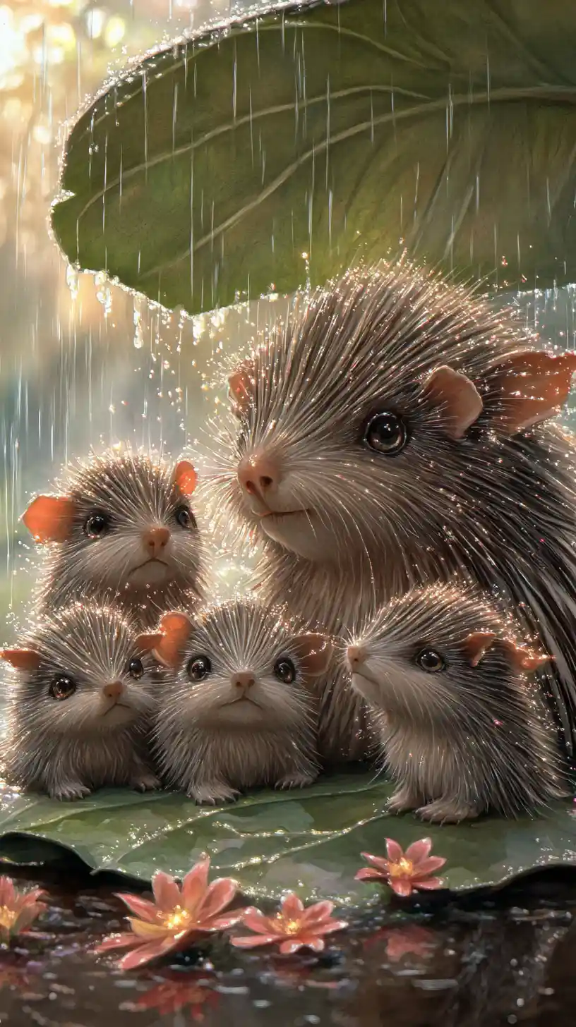 Cute porcupine family hiding from rain under a leaf