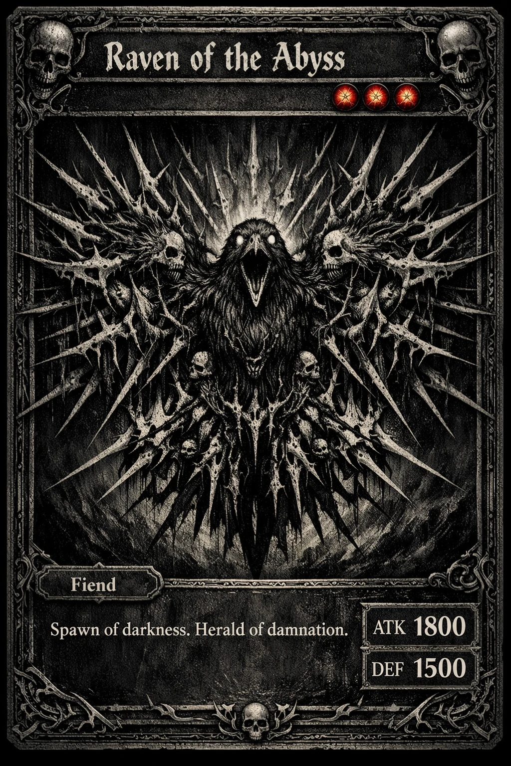 Carta de troca em metal escuro com emblema de corvo coroado de espinhos