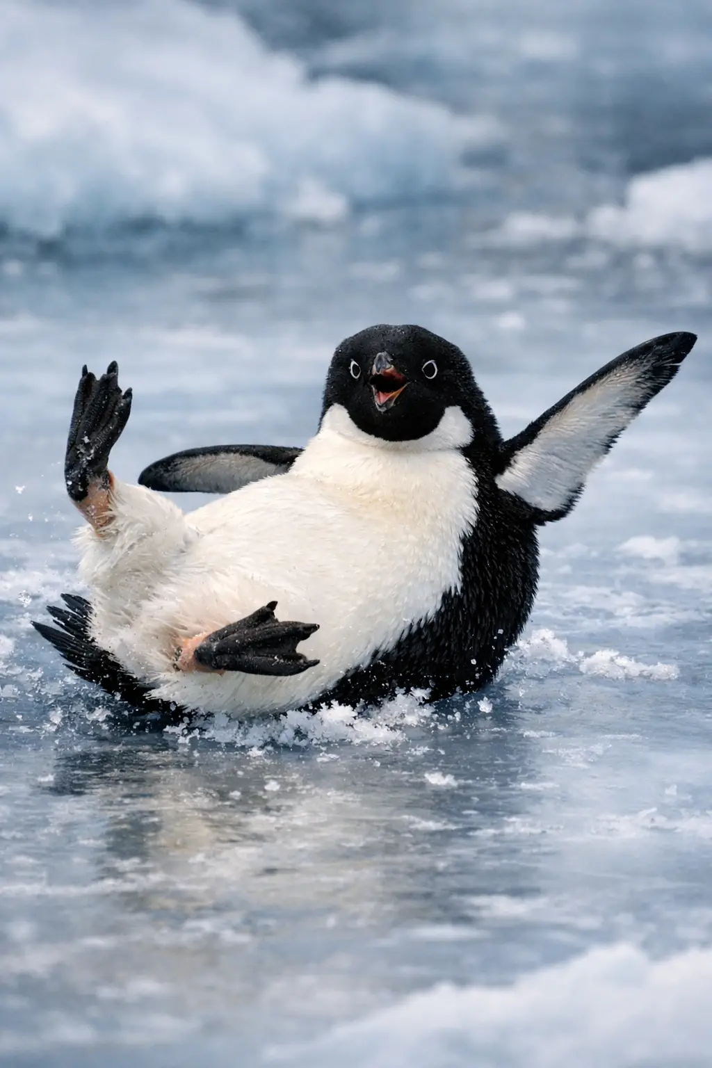 Playful penguin confidently sliding across a slick icy surface