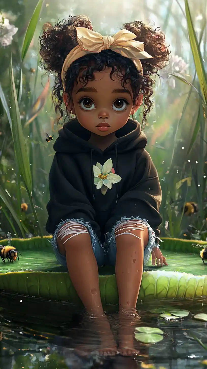 Cute girl relaxing on a lily pad in a swamp
