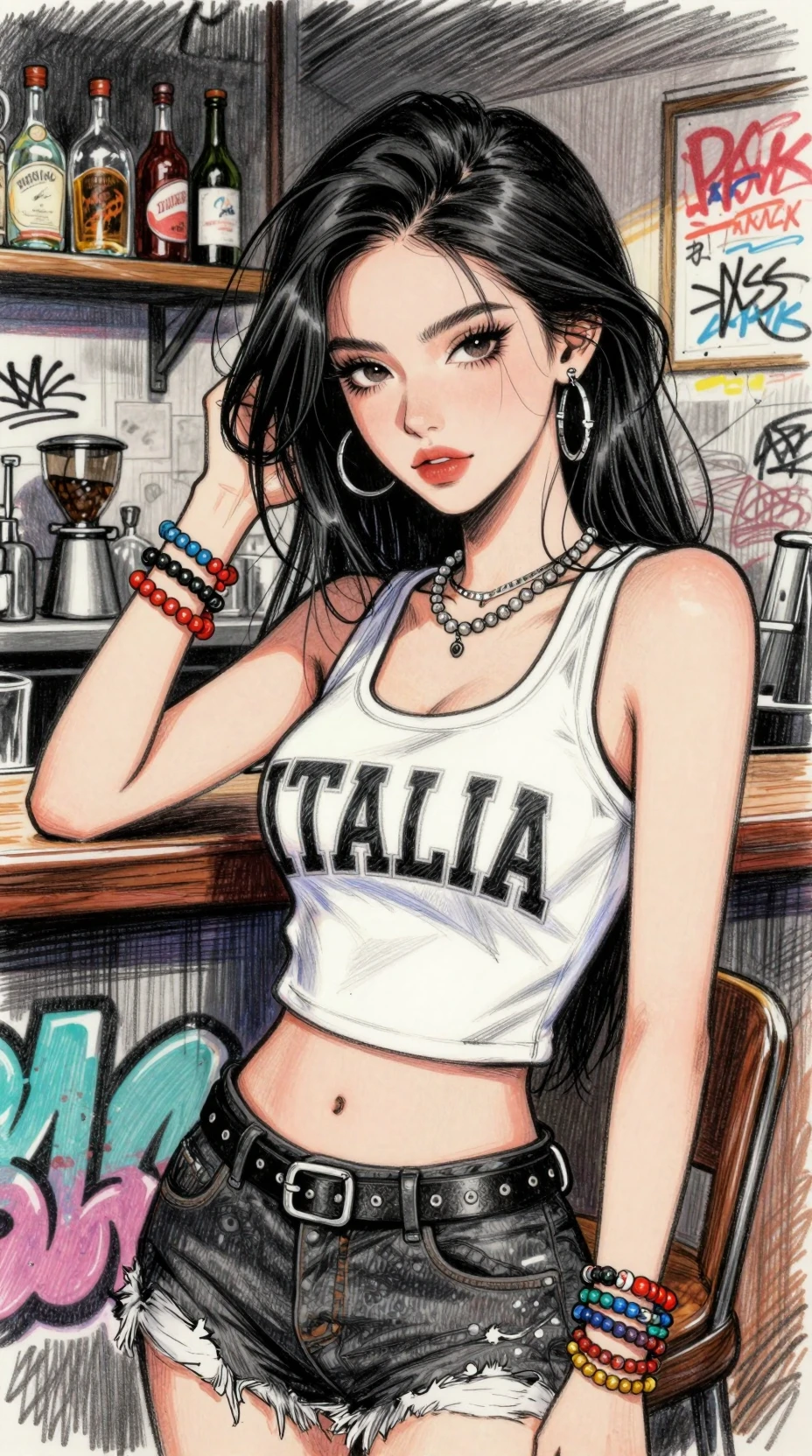 Mujer urbana sensual en barra de barista en boceto a lápiz