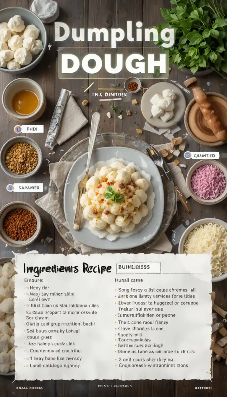 Dumpling dough recipe poster with labeled ingredients around dish