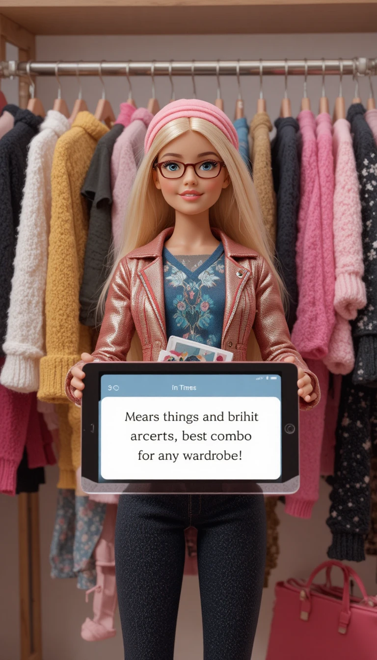 Boneca fashion com arara de roupas e guia de estilo no tablet