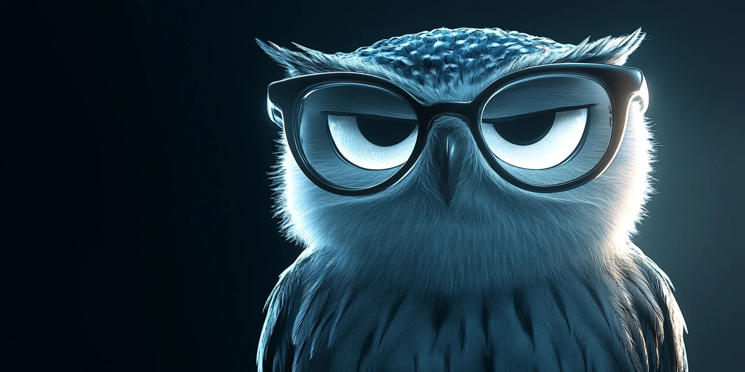 Sarcastic cartoon snow owl with glowing eyes in shadow
