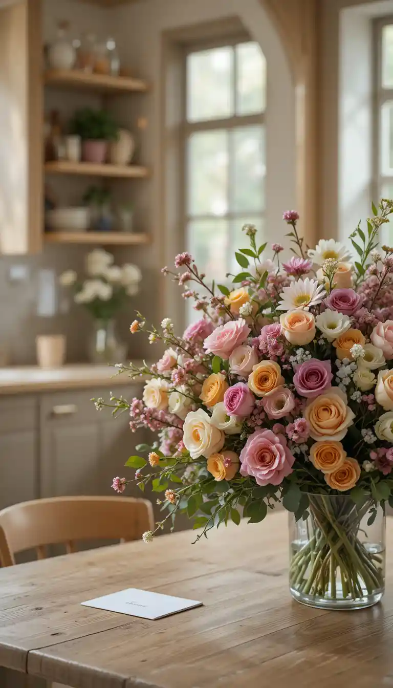 明るい部屋のオーク材テーブルにある大きな花束