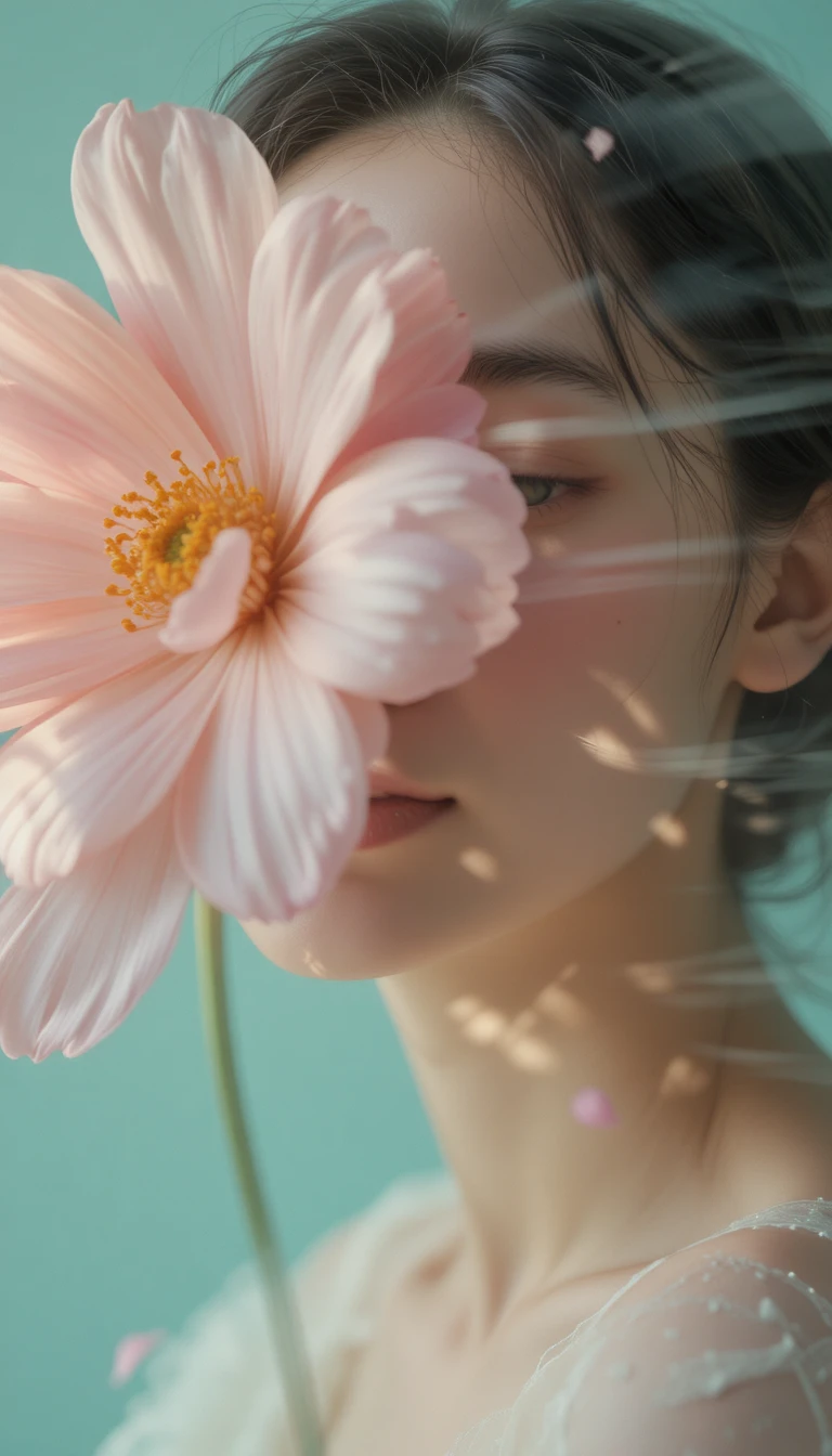 Portrait onirique en gros plan d’une femme avec une fleur de cosmos