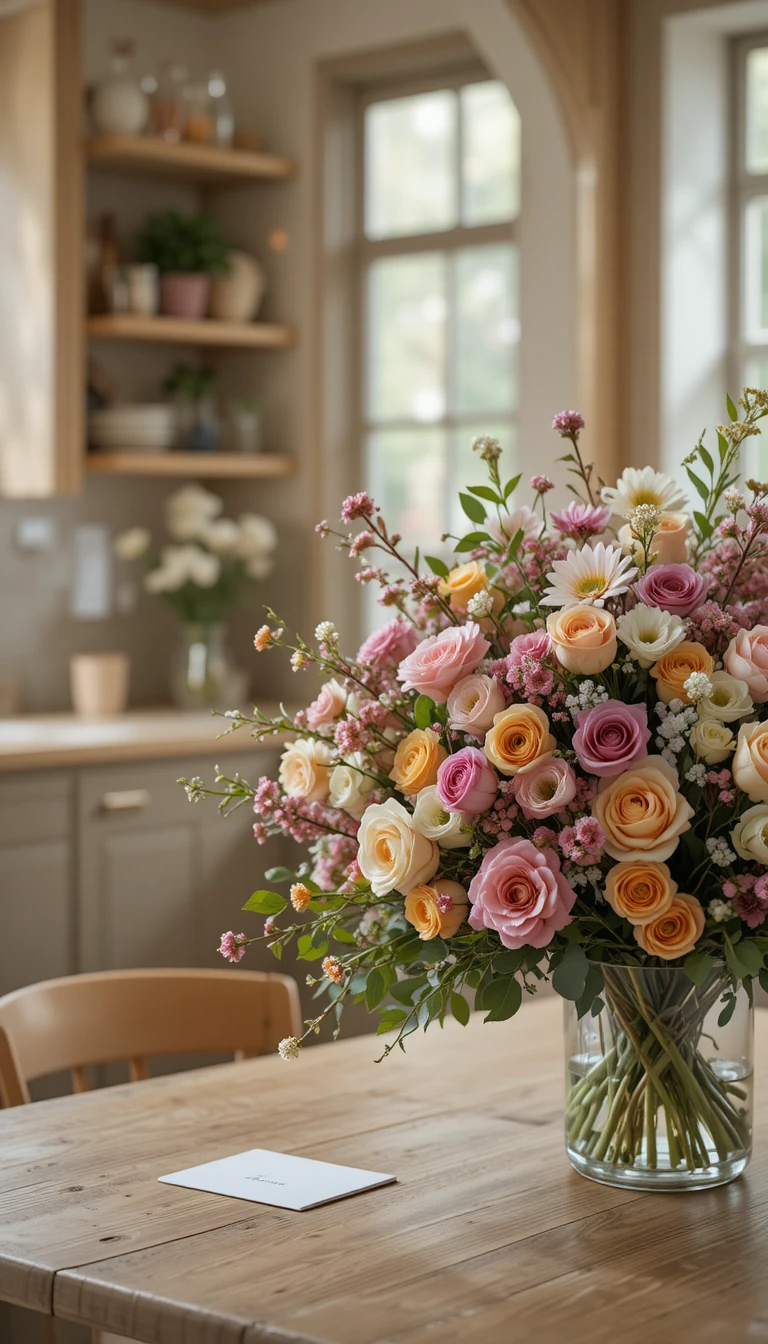 Großer Blumenstrauß auf Eichenholz-Tisch in hellem Innenraum