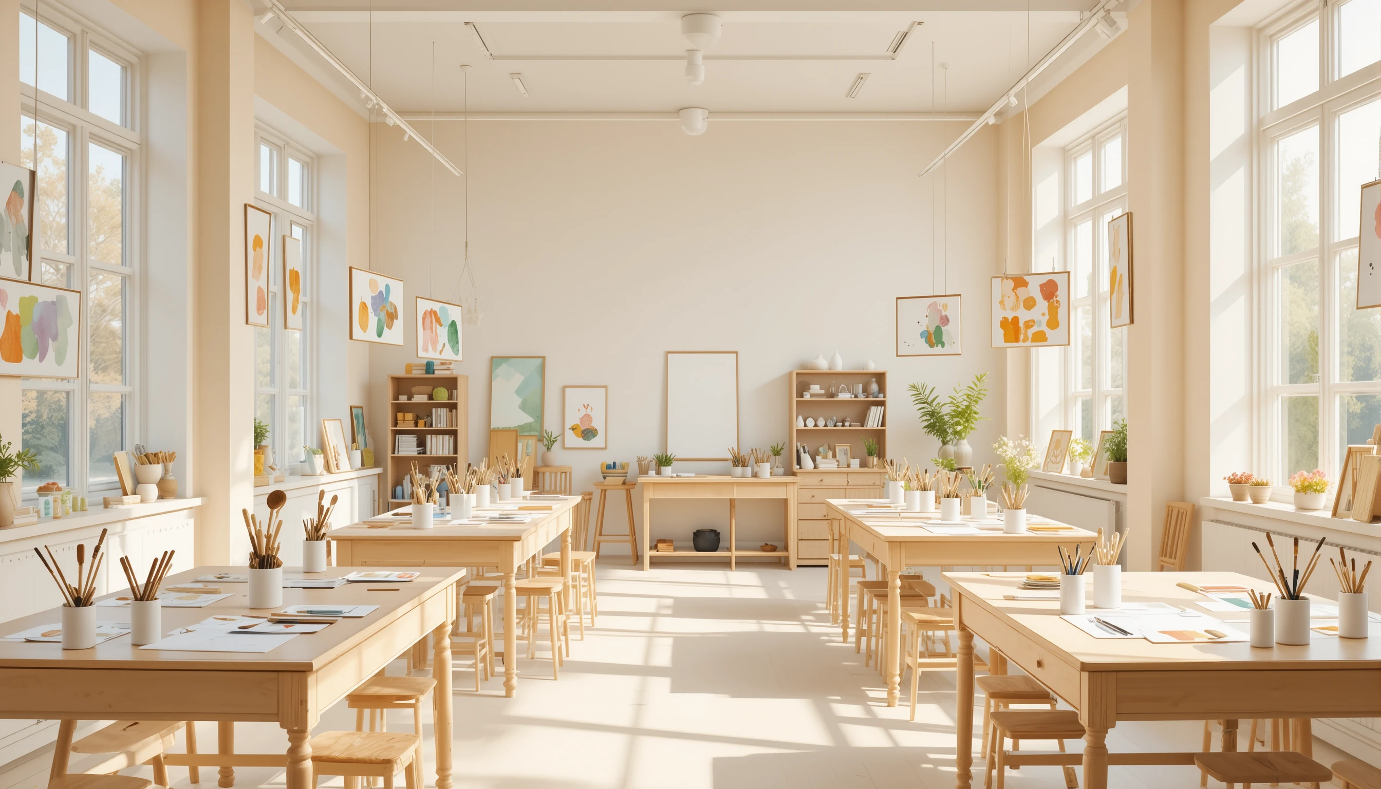 Ateliê de arte infantil iluminado com aquarelas e mesas