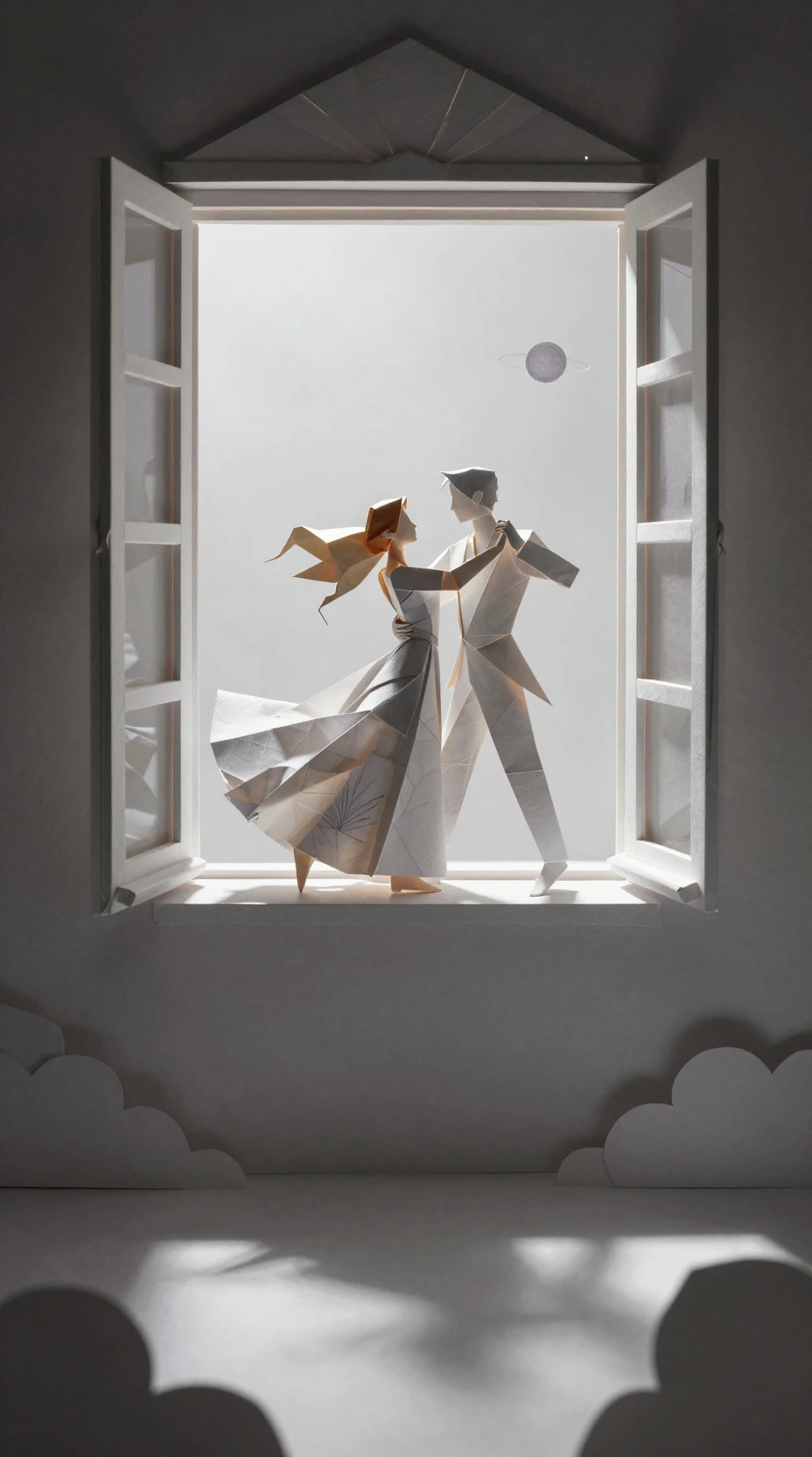 Casal de origami dançando junto à janela aberta em sombra profunda